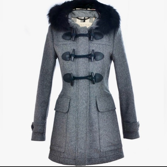 Burberry Jackets & Blazers - Burberry Brit Grey Wool Duffle Toggle Coat with Black Fox Fur Trimmed Hood Sz 4